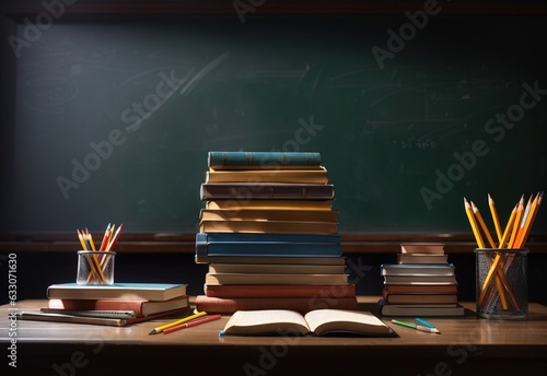 Stack of books and pencils on school table against blackboard