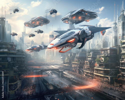 Futuristic spaceship flying over the city. 3D Rendering