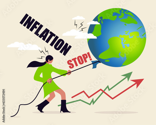 Stop Inflation. Risks of the global economy. Businesswoman try to keep inflation balloon from rising. Vector illustration for Web Banner, Infographics, Mobile