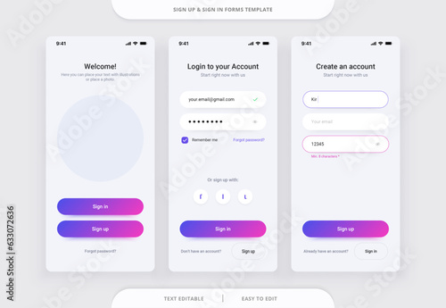 Sign Up and Sign In forms. Registration and login and password forms page for mobile app. Vector template.