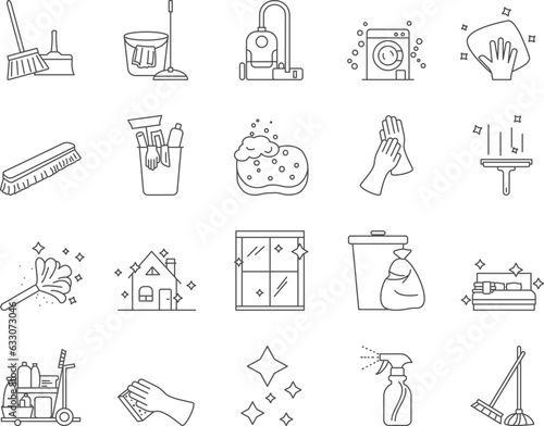 House Cleaning Icons Set. Broom, Dustpan, Vacuum cleaner. Editable Stroke. Simple Icons Vector Collection