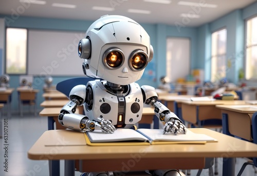 robot sits at a school lesson at a desk, does homework, cartoon style, schoolchild robot, android student