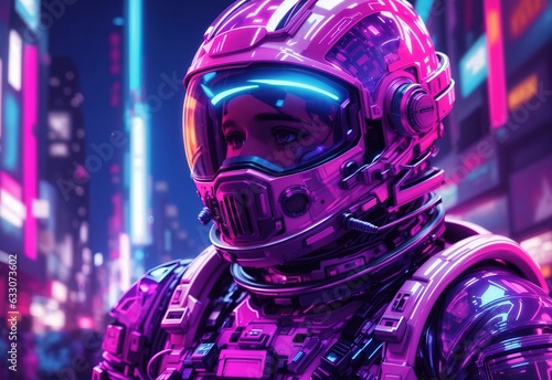 Retrofuturistic illustration of astronaut in futuristic neon lit cyberpunk city. Neon pink blue violet night astronaut © Alief Shop