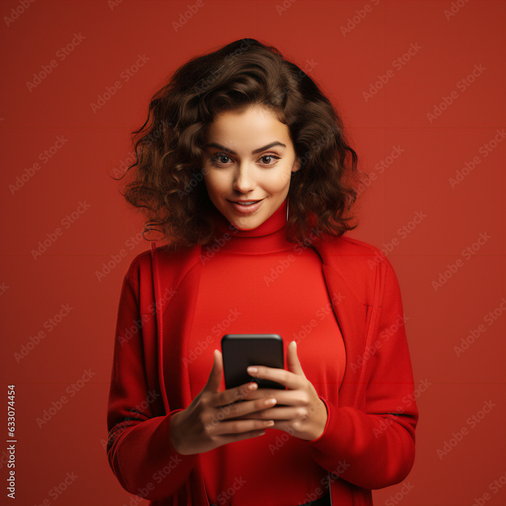 A young woman, staring at the phone in his hand, in red clothes, studio light, minimal background, happy, print ad style, minimal style, sharp color, cinematic style A young woman, staring at the phone in his hand, in red clothes, studio light, minimal background, happy, print ad style, minimal style, sharp color, cinematic style