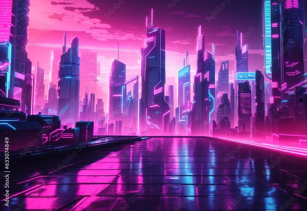 Pink and blue neon lights on a city full of skyscrapers. neo-noir pink and blue city full of skyscrapers. cyberpunk style dark city with pink and blue gradient neon lights