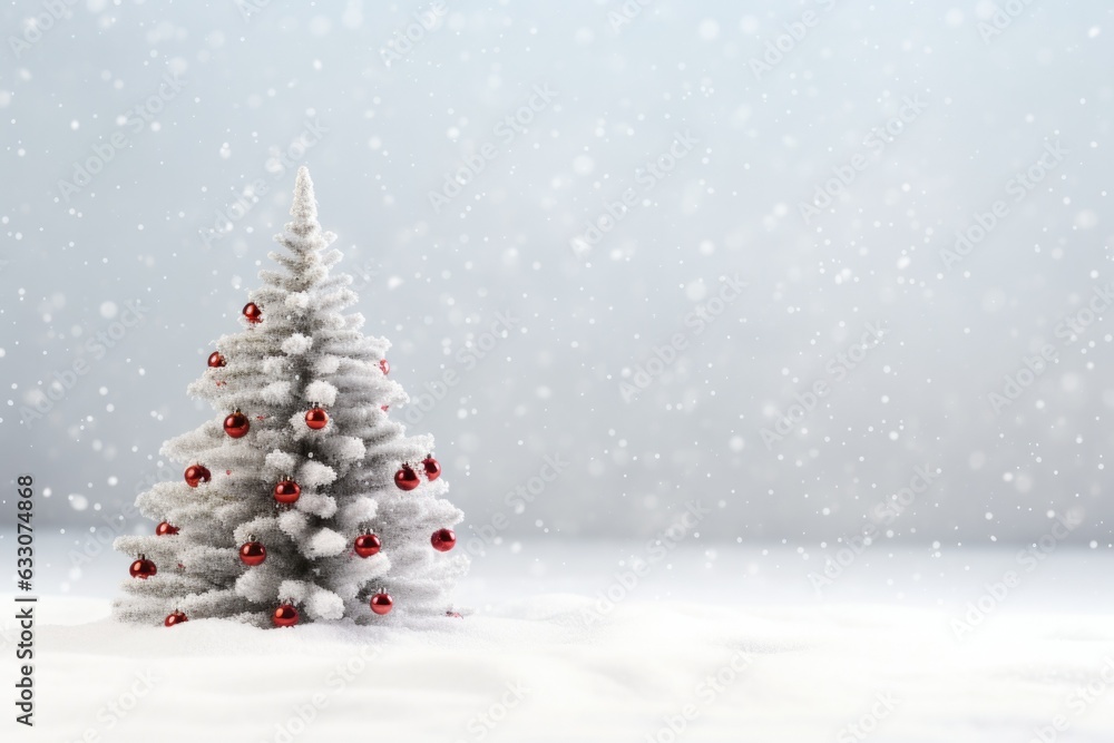 Beautiful  white Christmas tree on snow  with fairy lights and festive decor on white background with copy space 