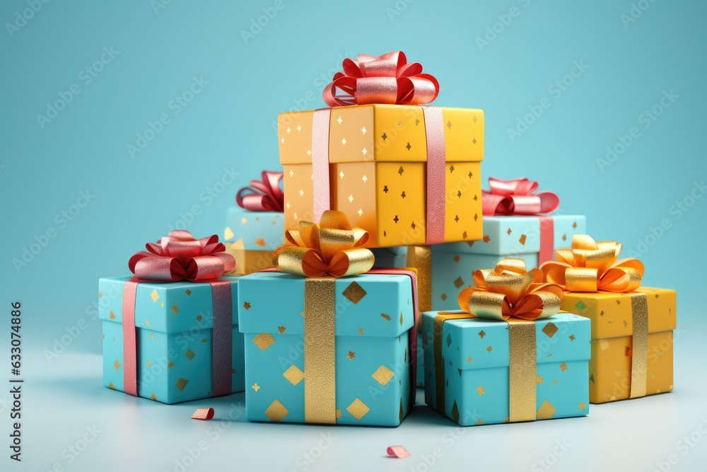 Obraz premium Set of colorful gift boxes with bows and ribbons Isolated in blue background with copy space . Presents waiting for holiday, Christmas or birthday or New Year.