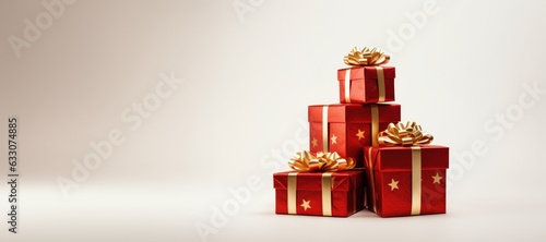 Set of colorful red and gold gift boxes with bows and ribbons Isolated in background with copy space . Presents waiting for holiday, Christmas or birthday or New Year.