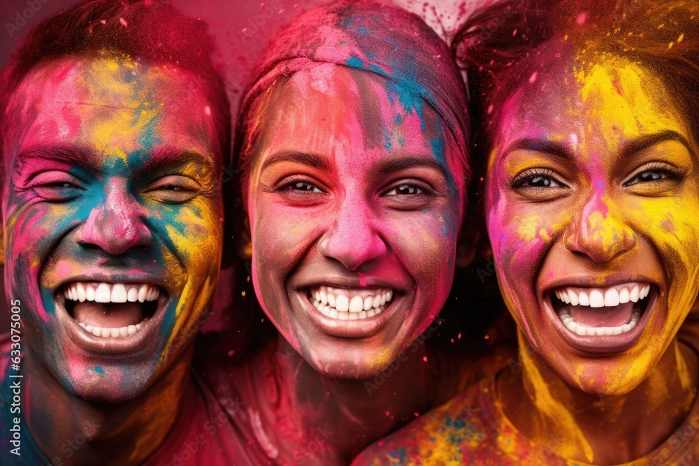 Closeup portrait of three attractive happy Indian people friends having fun at Holi festival. Smiling Faces covering a holi paints Closeup portrait of three attractive happy Indian people friends having fun at Holi festival. Smiling Faces covering a holi paints