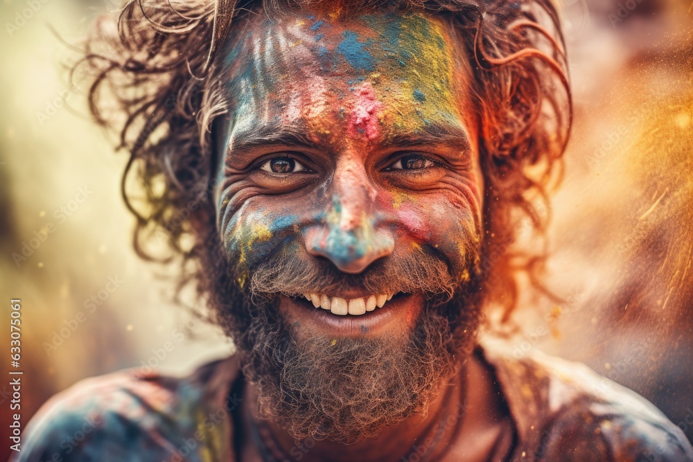 Close up of a young happy indian man playing holi and dancing . Face covered in Holi colors with a beautiful blue sky in background, India travel . Copy space for graphics and text.