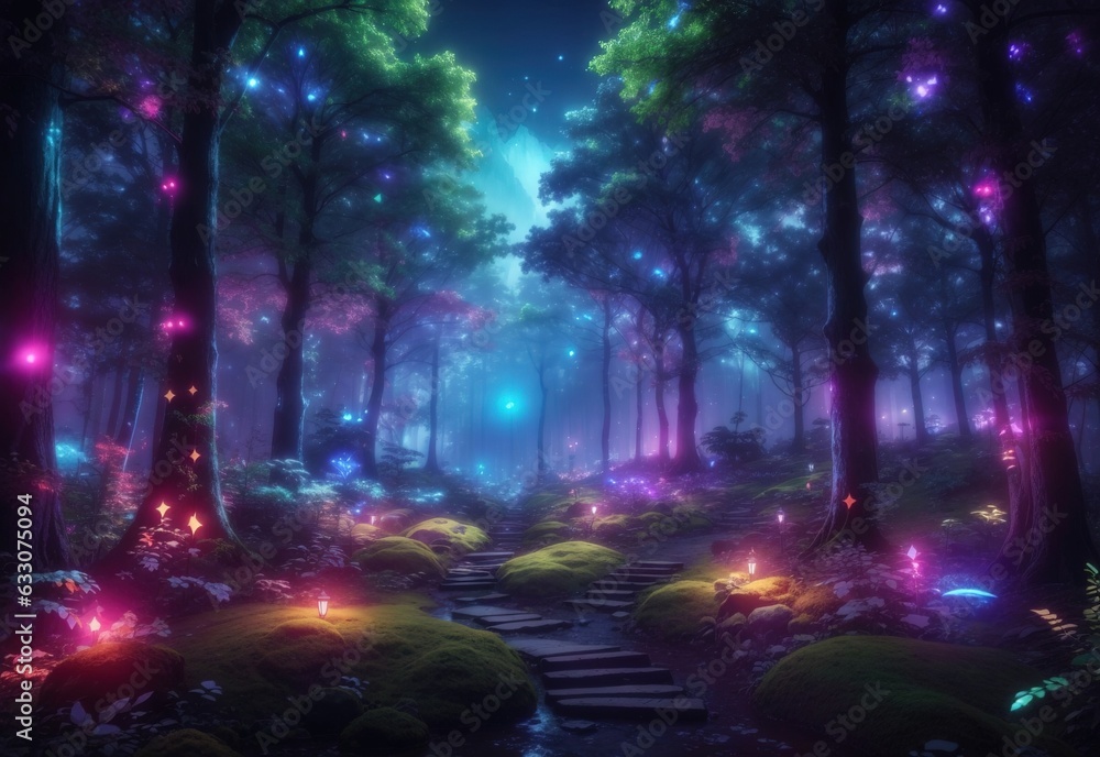 Night magical fantasy forest. Forest landscape, neon, magical lights in the forest