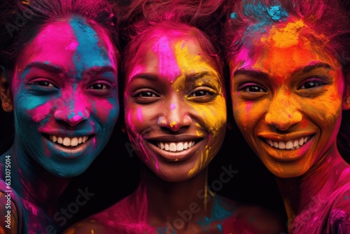 Closeup portrait of three attractive happy Indian women friends having fun at Holi festival. Faces covering a holi paints 