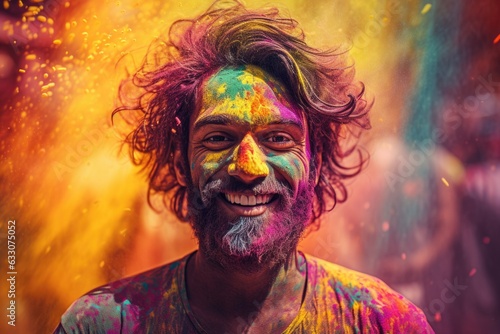 Portrait of a young happy indian man playing holi and dancing . Face covered in Holi colors with a beautiful blue sky in background, India travel . Copy space for graphics and text.