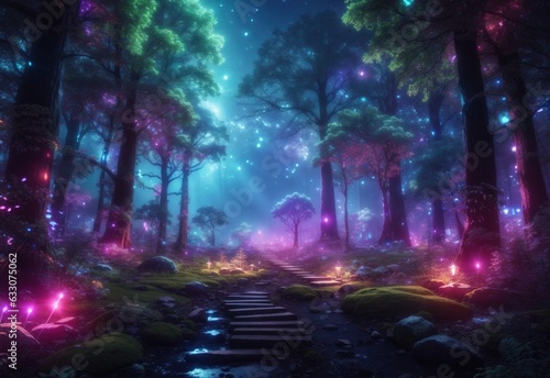 Night magical fantasy forest. Forest landscape, neon, magical lights in the forest