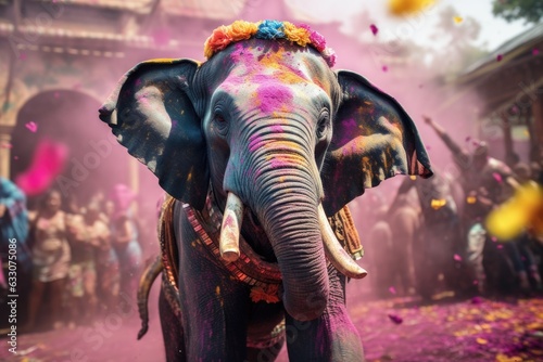 Decorated elephant at the annual elephant festival in India. Picture with copy space for text . Animal covered on holi paints and wearing a flowers. Travel holi festival  photo