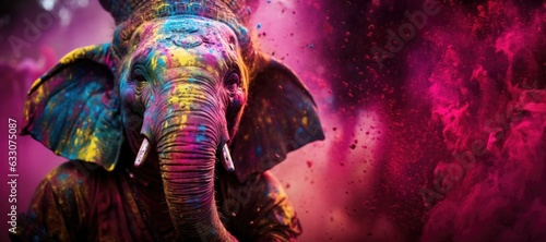 Decorated elephant at the annual elephant festival in India. Picture with copy space for text . Animal covered on holi paints . Travel holi festival  photo