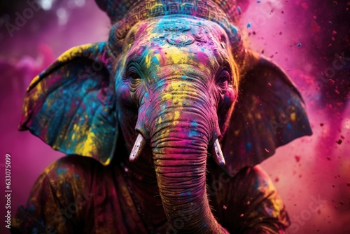 Decorated elephant at the annual elephant festival in Jaipur, India. Animal covered on holi paints . Travel holi festival 