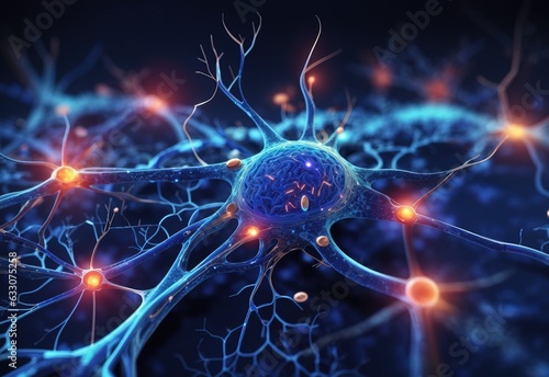 Nerve cell blue color banner, system neuron of brain with synapses. Medicine biology background