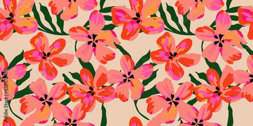Hand drawn flowers, seamless patterns with floral for fabric, textiles, clothing, wrapping paper, cover, banner, interior decor, abstract backgrounds.