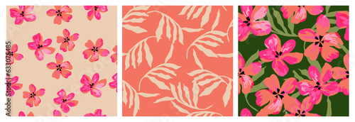 Set of hand drawn flowers, seamless patterns with floral for fabric, textiles, clothing, wrapping paper, cover, banner, interior decor, abstract backgrounds.