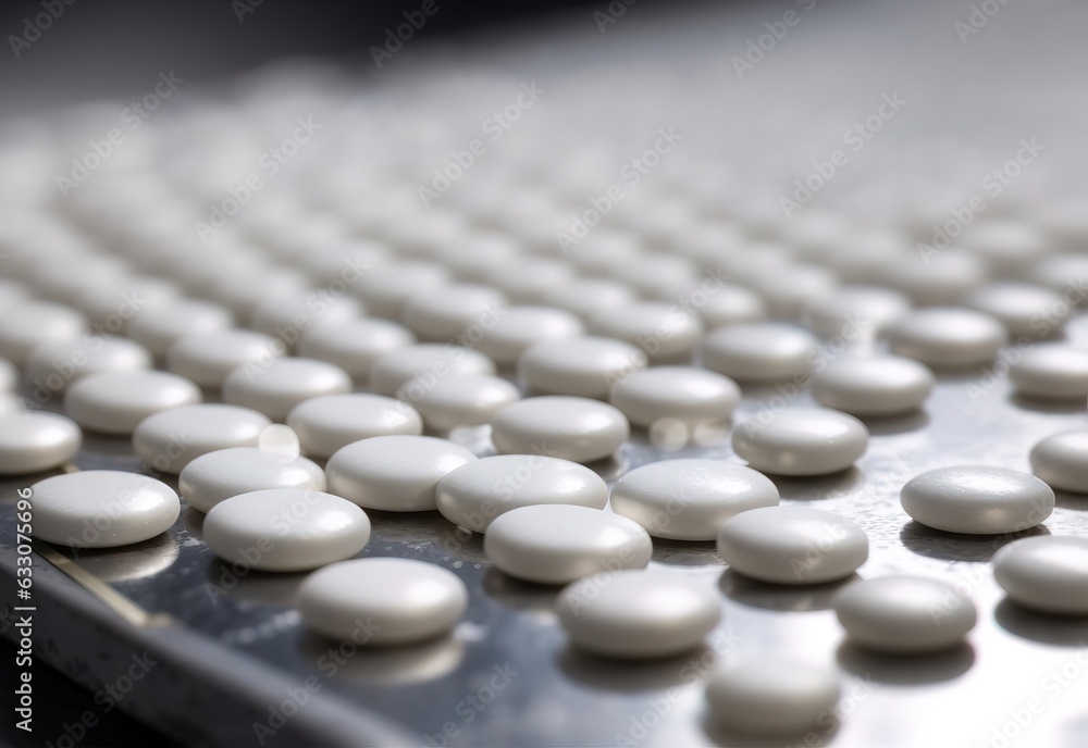 Macro of white tablets on metal table Macro of white tablets on metal table