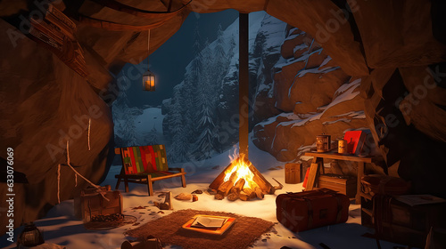 Best Cozy cave inside snow forest. Perfect warm cave. Generative AI