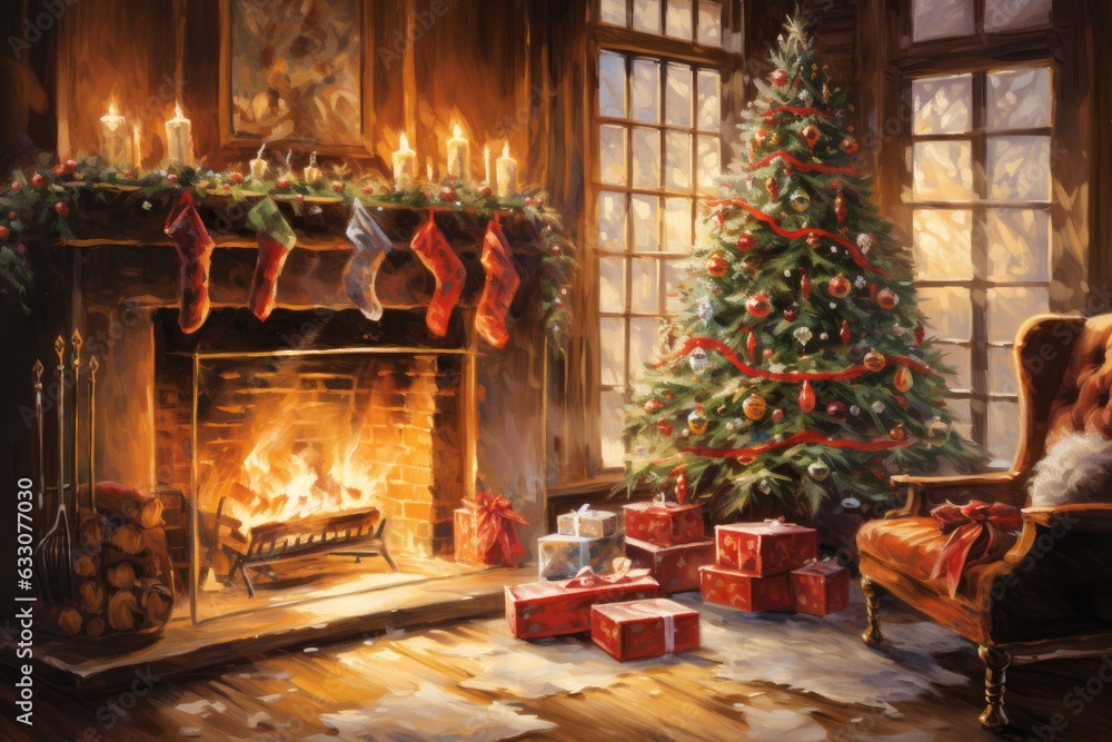 watercolor christmas tree and fireplace presents in a dreamy scene