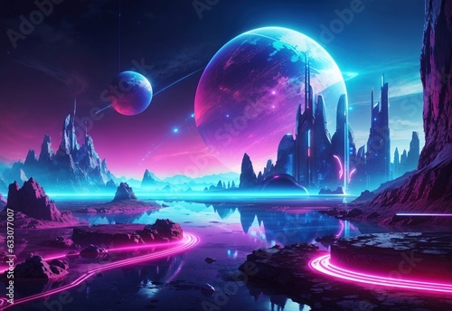 Futuristic fantasy landscape, sci-fi landscape with planet, neon light