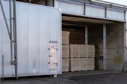 A freshly sawn pine logs into a drying chamber. Industrial technology of wood production.