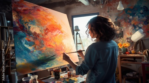 A painter in her studio lost in her creative process as she applies colorful strokes to a large canvas. Generative AI