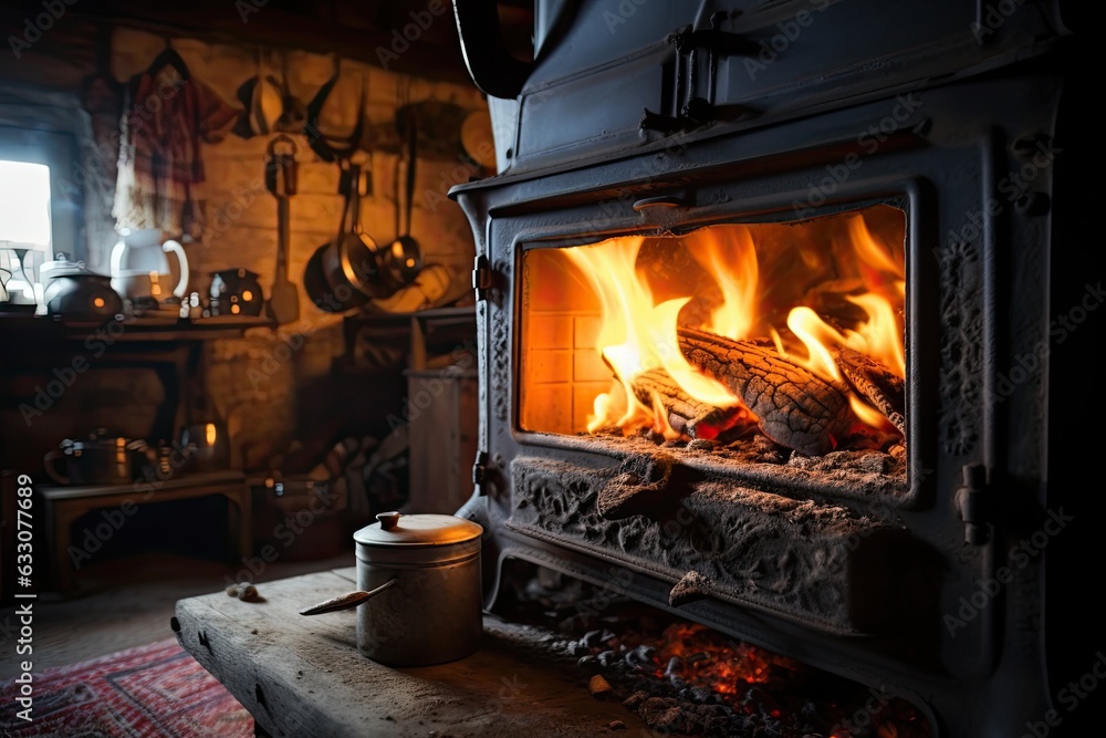 Alternative methods of heating your house during the cold winter months include using a solid fuel boiler with an open door and a fire inside, alongside a scoop of coal located nearby.