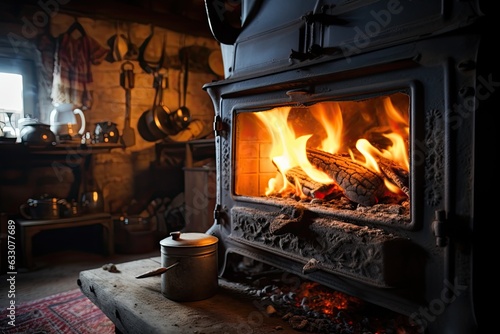 Alternative methods of heating your house during the cold winter months include using a solid fuel boiler with an open door and a fire inside, alongside a scoop of coal located nearby.