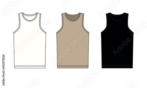 Collection of vector illustrations of classic sleeveless t-shirts in white, beige and black colors. T-shirt template with round neckline. T-shirt unisex design, casual style.