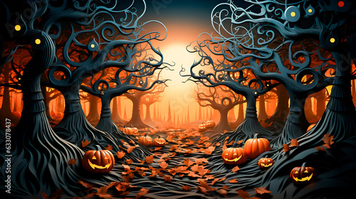 Halloween background. Spooky Halloween forest style 3d paper cutouts with illuminated Halloween pumpkins, Jack o lantern. Wallpaper, copy space. Genertive ai.