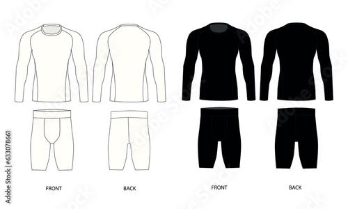 Collection of vector drawings of men's sportswear from shorts and longsleeves. Bicycle shorts and sweatshirt template front and back view. Sketch of a men's tracksuit in white and black.