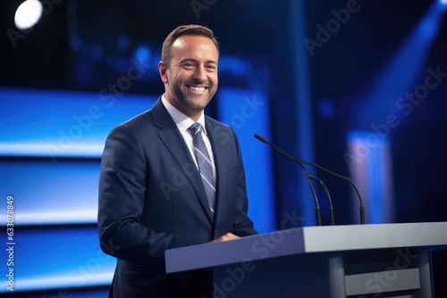 Photography of a pleased, man in his 40s that is wearing a debate team member's formal attire against a stage with a podium background. Generative AI