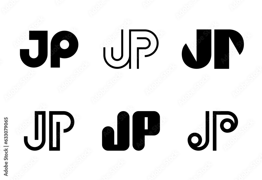 Set of letter JP logos. Abstract logos collection with letters. Geometrical abstract logos Set of letter JP logos. Abstract logos collection with letters. Geometrical abstract logos