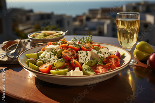 Delicious flavors  outdoor restaurant offers Greek salad and musaka  sea view  Generative AI