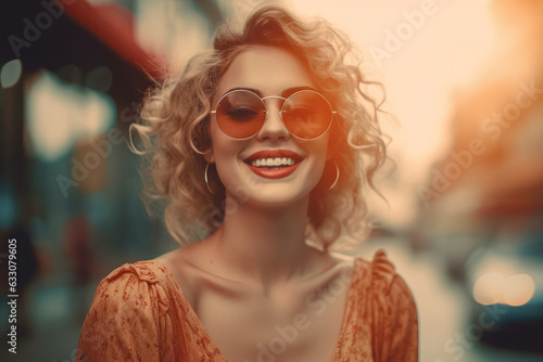 Woman dressed in retro clothes on a background of orange lights. The concept of returning to the past, fashion of yesteryear. Generative Ai, Ai.
