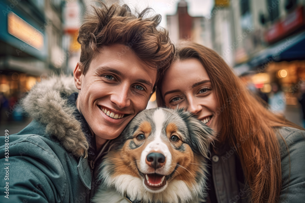 In the bustling city, a joyful Caucasian couple, accompanied by their purebred Australian Shepherd, captures a selfie as they enjoy urban life and train their pet. Generative Ai, Ai.