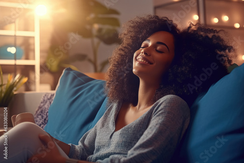 A content and joyful Afro-American woman takes a moment to relax on the sofa at home. Generative Ai, Ai.