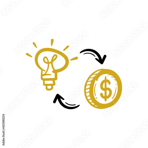 Creative idea make money hand drawn icon. Financial innovation, light bulb and dollar coin, vector icon doodle illustration