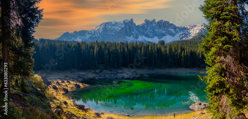 Fototapeta Naklejka Na Ścianę i Meble -  Lago di Carezza (Karersee), a Beautiful Lake in the Dolomites, Trentino Alto Adige, Italy