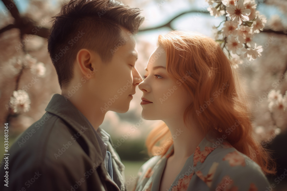 This image captures a romantic moment between a couple in a park, with the soft light of the sun shining on their faces. The vintage film camera creates a dreamy and nostalgic feel. Generative AI. This image captures a romantic moment between a couple in a park, with the soft light of the sun shining on their faces. The vintage film camera creates a dreamy and nostalgic feel. Generative AI.