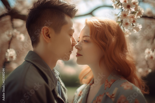 This image captures a romantic moment between a couple in a park, with the soft light of the sun shining on their faces. The vintage film camera creates a dreamy and nostalgic feel. Generative AI.