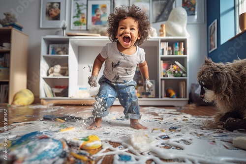 a playful hyperactive cute brown toddler child misbehaving and making a huge mess in a living-room, throwing around things and shredding paper. Studio light