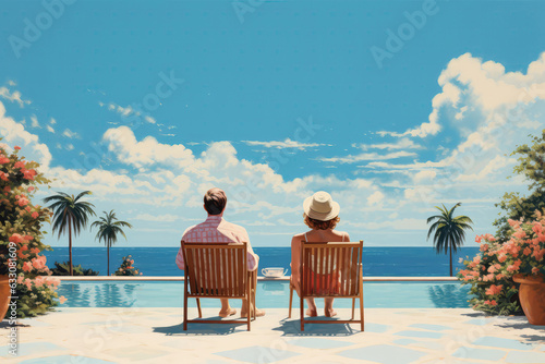 Honeymooners Relaxing At Beach Hotel By The Pool, Back View. Illustration. Generative AI