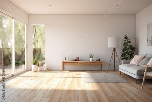 A rendered image showcasing an unoccupied living room adorned with sunlight streaming through a sliding door  showcasing a wooden floor and pristine white walls. Perfect for renovation  new house