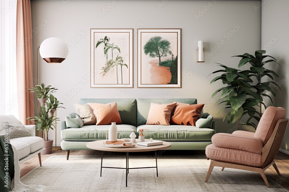 Fototapeta premium The living room of this cozy apartment boasts fashionable interior design with a trendy sofa, lush plants, beautifully designed furniture pieces, decorative elements, and sophisticated accessories