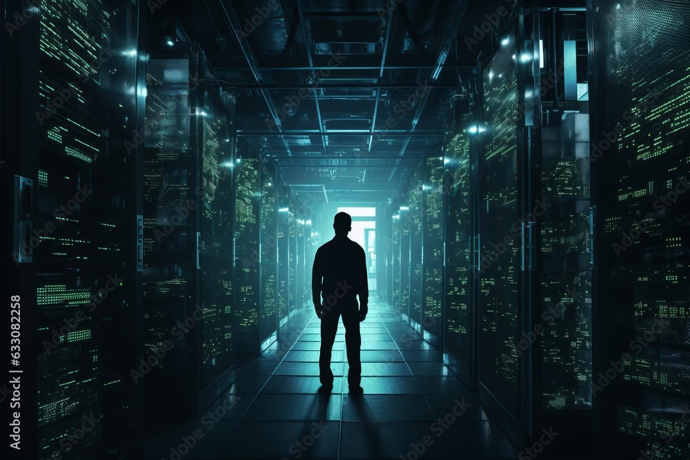 A silhouette of a man in a dark server room with tall industrial looking storage with neon lights, a long endless hallway A silhouette of a man in a dark server room with tall industrial looking storage with neon lights, a long endless hallway